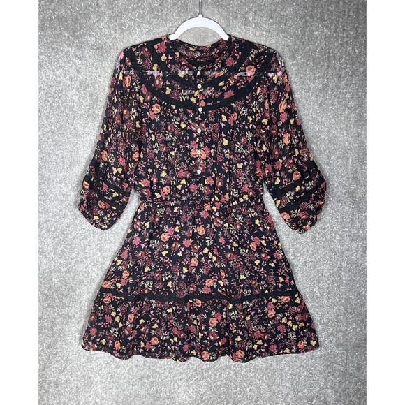 LOFT Dress Womens Size Medium Petite 3/4 Sheer Puff Sleeve Black Floral Lined‎ - Picture 1 of 9